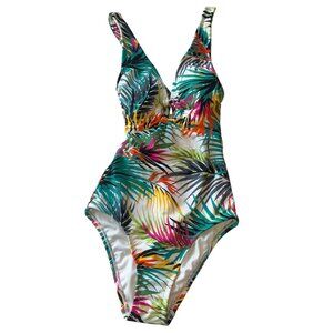 Shade & Shore Tropical Leaf Print One-Piece With Ring Detail & Back Tie Size XS